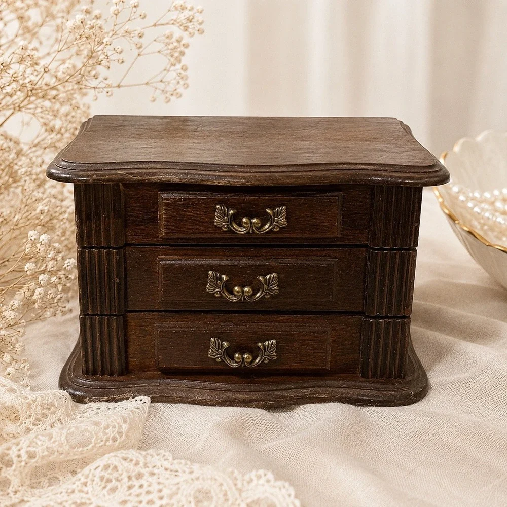 Vintage Wooden Jewelry Box 3 Drawer Chest Dark Brown Ornate Brass Hardware